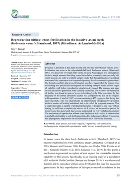 Reproduction Without Cross-Fertilisation in the Invasive Asian Leech Barbronia Weberi (Blanchard, 1897) (Hirudinea: Arhynchobdellida)