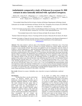 Anthelmintic Comparative Study of Solanum Lycocarpum St. Hill Extracts in Mice Naturally Infected with Aspiculuris Tetraptera