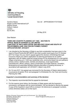 Land East of Weylands House and Molesey Road and South of Fieldcommon Lane, Walton-On-Thames, Surrey Application Ref: 2016/2217