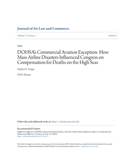 DOHSA's Commercial Aviation Exception: How Mass Airline Disasters Influenced Congress on Compensation for Deaths on the High Seas Stephen R