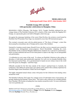 MEDIA RELEASE Embargoed Until 12Am AEST, 16Th October 2015