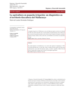 La Agricultura En Pequeña Irrigación: Un Diagnóstico En El Territorio Tlaxcalteca Del Matlacueye María De Lourdes Hernández-Rodríguez