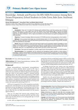 Knowledge, Attitude and Practice on HIV/AIDS Prevention Among Batu Terara Preparatory School Students in Goba Town, Bale Zone, S
