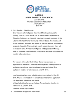 AGENDA STATE BOARD of EDUCATION June 27, 2016 Arkansas Department of Education ADE Auditorium 5:00 PM