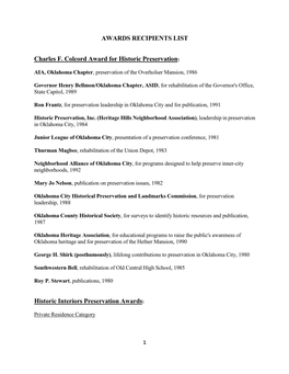 AWARDS RECIPIENTS LIST Charles F. Colcord Award for Historic Preservation