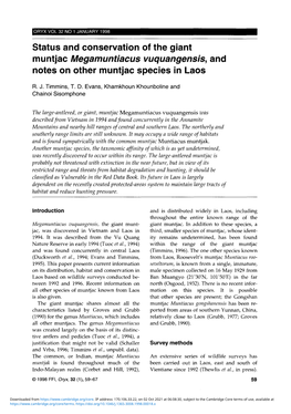 Status and Conservation of the Giant Muntjac Megamuntiacus Vuquangensis, and Notes on Other Muntjac Species in Laos