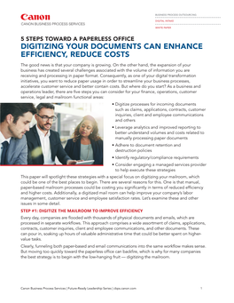 DIGITIZING YOUR DOCUMENTS CAN ENHANCE EFFICIENCY, REDUCE COSTS the Good News Is That Your Company Is Growing