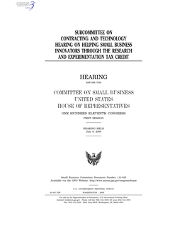 Subcommittee on Contracting and Technology Hearing on Helping Small Business Innovators Through the Research and Experimentation Tax Credit