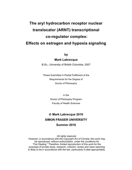 (ARNT) Transcriptional Co-Regulator Complex: Effects on Estrogen and Hypoxia Signaling