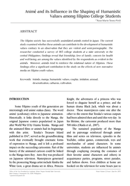 Animé and Its Influence in the Shaping of Humanistic Values Among Filipino College Students 1*Rose Marie Teves-Pinili