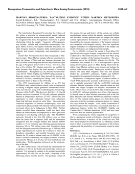 Martian Biosignatures: Tantalizing Evidence Within Martian Meteorites