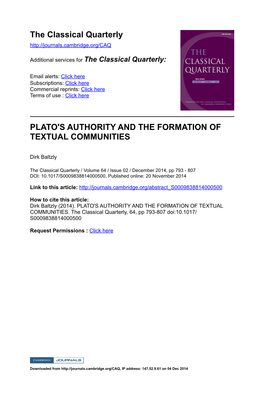 The Classical Quarterly PLATO's AUTHORITY and THE