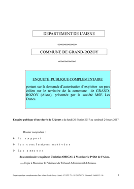 Enquête Publique Complémentaire Parc Éolien Grand-Rozoy (Aisne) N° ICPE 71 – IC/ 2017/CC9
