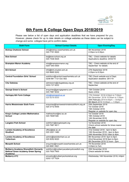 6Th Form & College Open Days 2018/2019