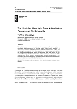 The Ukrainian Minority in Brno: a Qualitative Research on Ethnic Identity