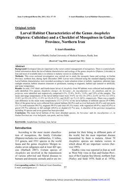 Diptera: Culicidae) and a Checklist of Mosquitoes in Guilan Province, Northern Iran