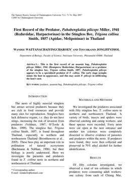 (Reduviidae, Harpactorinae) in the Stingless Bee, Trigona Collina Smith, 1857 (Apidae, Meliponinae) in Thailand