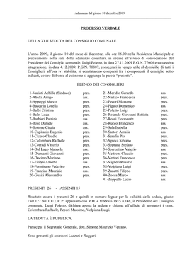 PROCESSO VERBALE DELLA XLII SEDUTA DEL CONSIGLIO COMUNALE L'anno 2009, Il Giorno 10 Del Mese Di Dicembre, Alle Ore 16.00 Nella