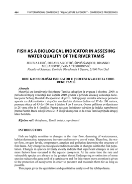 FISH As a Biological Indicator in Assesing Water Quality of the River Tamiš