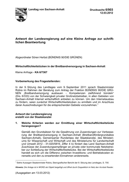 Antwort Der Landesregierung Auf Eine Kleine Anfrage Zur Schrift- Lichen Beantwortung