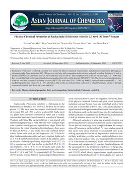 Physico-Chemical Properties of Sacha Inchi (Plukenetia Volubilis L.) Seed Oil from Vietnam