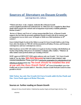 Sources of Literature on Dasam Granth; Jasbir Singh Mann M.D., California