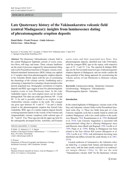Late Quaternary History of the Vakinankaratra Volcanic Field (Central Madagascar): Insights from Luminescence Dating of Phreatomagmatic Eruption Deposits