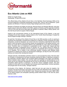 Eco Atlantic Lists on NSX