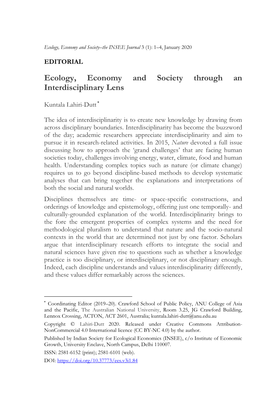 Ecology, Economy and Society Through an Interdisciplinary Lens