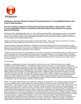 Infospace Launches Wireless Payment Processing Service Turning Mobile Devices Into Point of Sale Systems