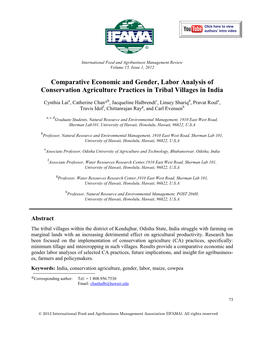 Comparative Economic and Gender, Labor Analysis of Conservation Agriculture Practices in Tribal Villages in India