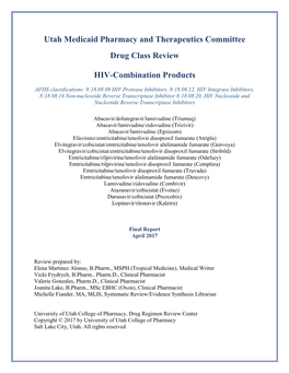 Utah Medicaid Pharmacy and Therapeutics Committee Drug Class Review HIV-Combination Products