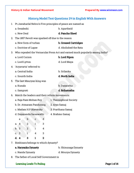 History Model Test Questions 29 in English with Answers