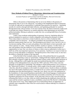 Three Methods of Political Theory: Historicism, Ahistoricism and Transhistoricism Michael L