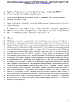 Species-Level Microbiome Composition of Activated Sludge - Introducing the Midas 3 2 Ecosystem-Specific Reference Database and Taxonomy