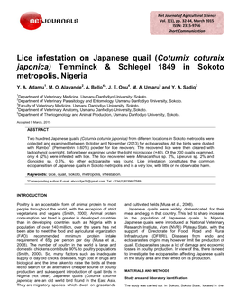 Lice Infestation on Japanese Quail (Coturnix Coturnix Japonica) Temminck & Schlegel 1849 in Sokoto Metropolis, Nigeria