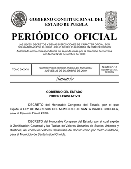 LEY DE INGRESOS DEL MUNICIPIO DE SANTA ISABEL CHOLULA , Para El Ejercicio Fiscal 2020