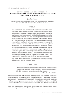 DISCONNECTION and RECONNECTION: MISCONCEPTIONS and RECOMMENDATIONS PERTAINING to VOUCHERS in WOOD SCIENCE Jennifer Barker This P