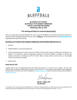 BLUFFDALE CITY COUNCIL BLUFFDALE CITY PLANNING COMMISSION SPECIAL JOINT MEETING AGENDA Wednesday, May 13, 2020