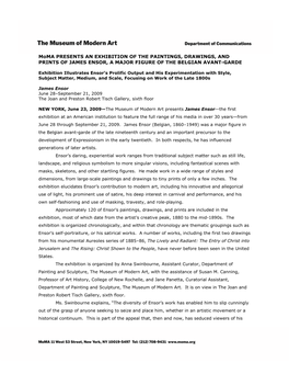 Moma PRESENTS an EXHIBITION of the PAINTINGS, DRAWINGS, and PRINTS of JAMES ENSOR, a MAJOR FIGURE of the BELGIAN AVANT-GARDE