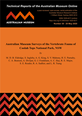 Australian Museum Surveys of the Vertebrate Fauna of Coolah Tops National Park, NSW By