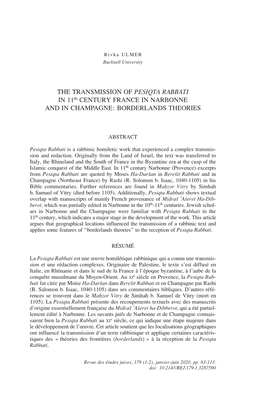 THE TRANSMISSION of PESIQTA RABBATI in 11Th CENTURY FRANCE in NARBONNE and in CHAMPAGNE: BORDERLANDS THEORIES