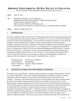 AMENDED SUPPLEMENTAL 60-DAY NOTICE of VIOLATION SENT in COMPLIANCE with HEALTH & SAFETY CODE § 25249.7(D);