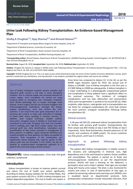 Urine Leak Following Kidney Transplantation: an Evidence-Based Management Plan Shafiq a Chughtai1,2, Ajay Sharma2,3 and Ahmed Halawa2,4*