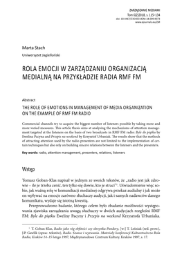 Rola Emocji W Zarządzaniu Organizacją Medialną Na Przykładzie Radia Rmf Fm