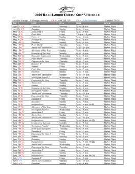 2020 Bar Harbor Cruise Ship Schedule