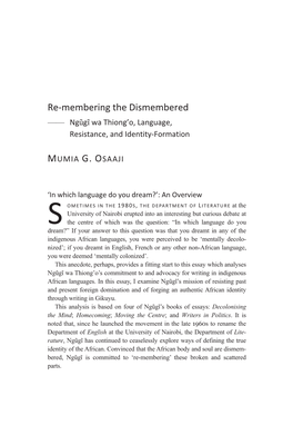 Re-Membering the Dismembered —— Ngg Wa Thiong’O, Language, Resistance, and Identity-Formation