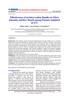 Effectiveness of an Intervention Bundle on Thirst Intensity and Dry Mouth Among Patients Admitted in ICU