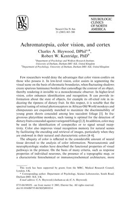 Achromatopsia, Color Vision, and Cortex Charles A
