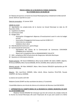 Proces-Verbal De La Reunion Du Conseil Municipal Du 5 Fevrier 2019 a 20 Heures 00